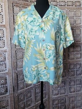 august silk light teal and aqua Tropical patterned button-down shirt